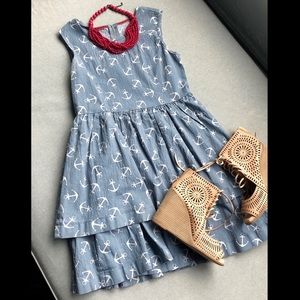 Chambray Tiered Dress with Anchor Print